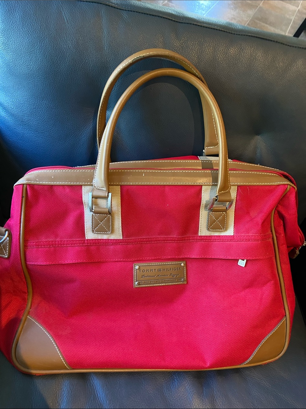Tommy Hilfiger Red Travel Satchel with Tan Trim